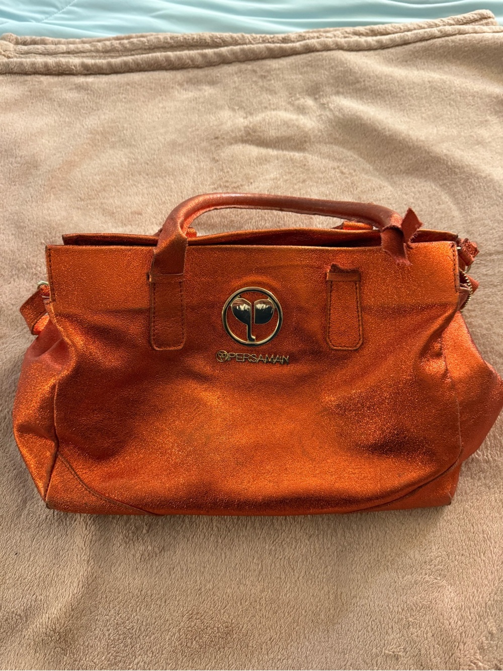 Persaman New York Metallic Orange Satchel with Top Handles
